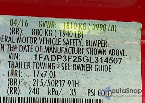 2016 Ford Focus Se z USA, uszkodzony, nr VIN 1FADP3F25GL314507